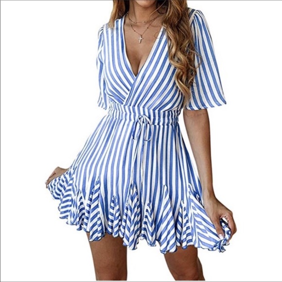 Dresses & Skirts - Blue & White Striped V-Neck Dress with Ruffled Hem